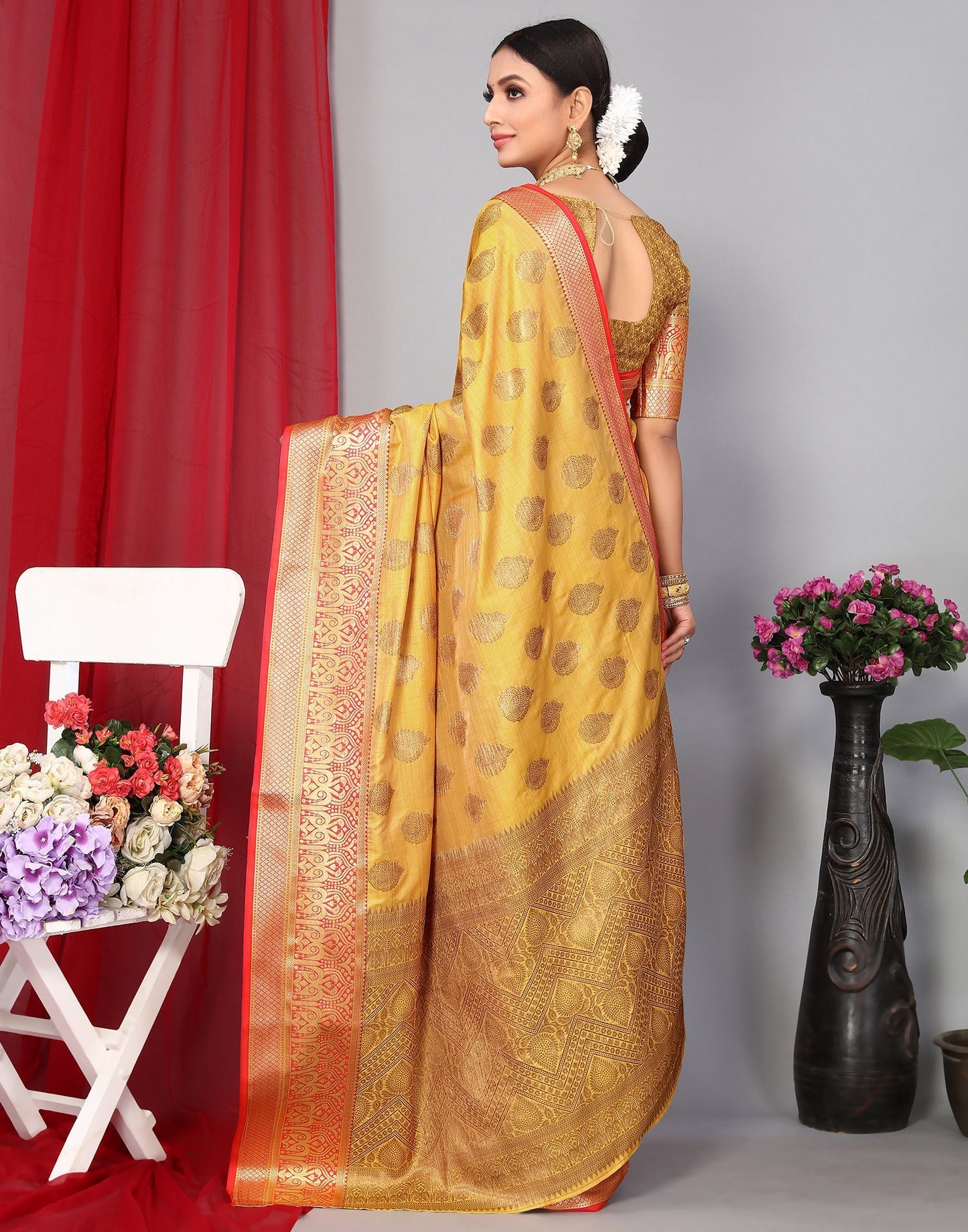 Yellow Banarasi Silk Saree | Leemboodi