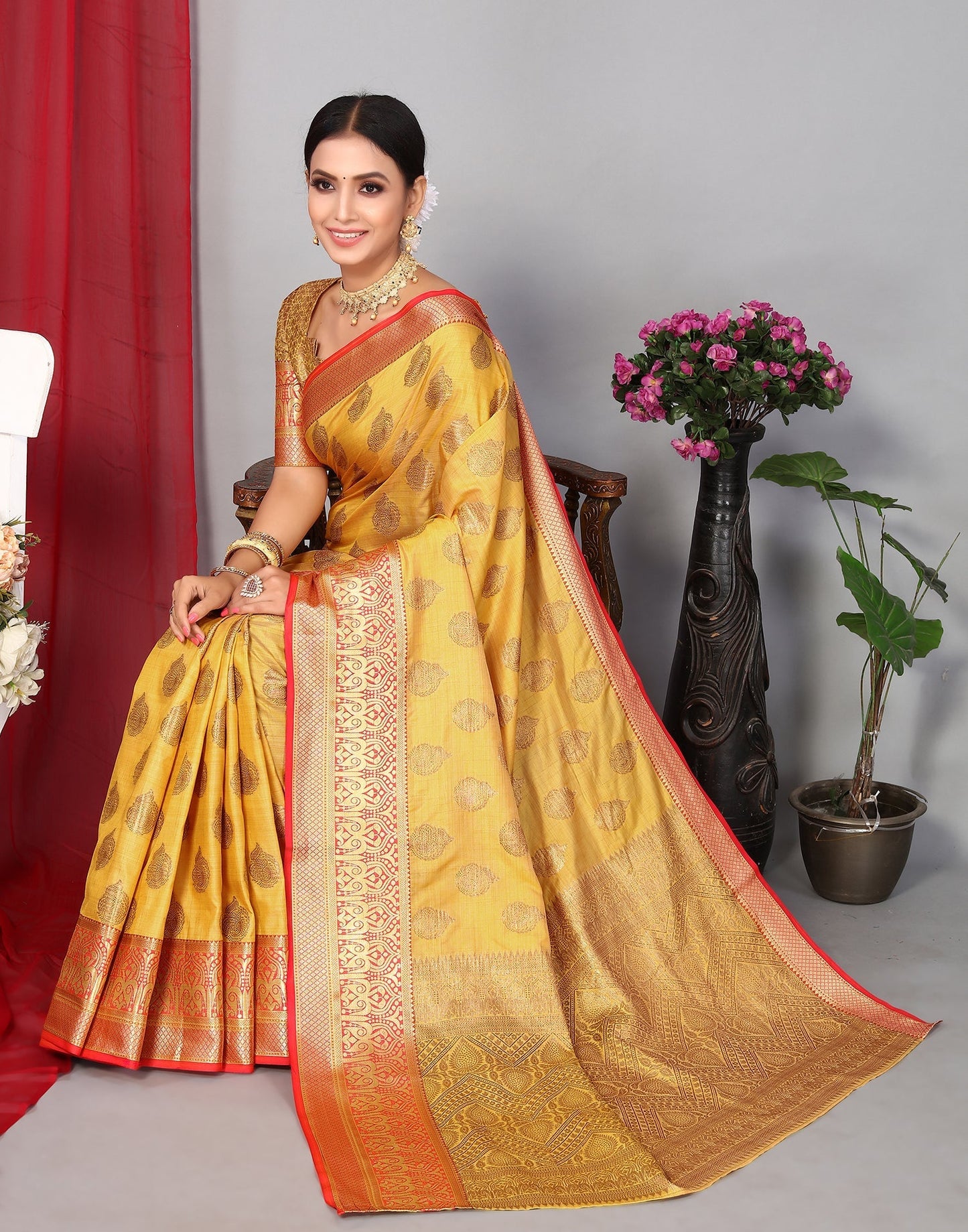 Yellow Banarasi Silk Saree | Leemboodi