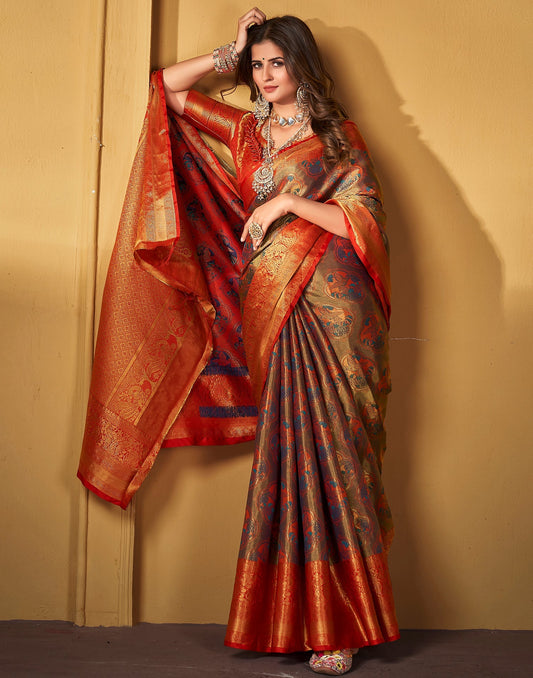 Orange Kanjivaram Silk Saree | Leemboodi