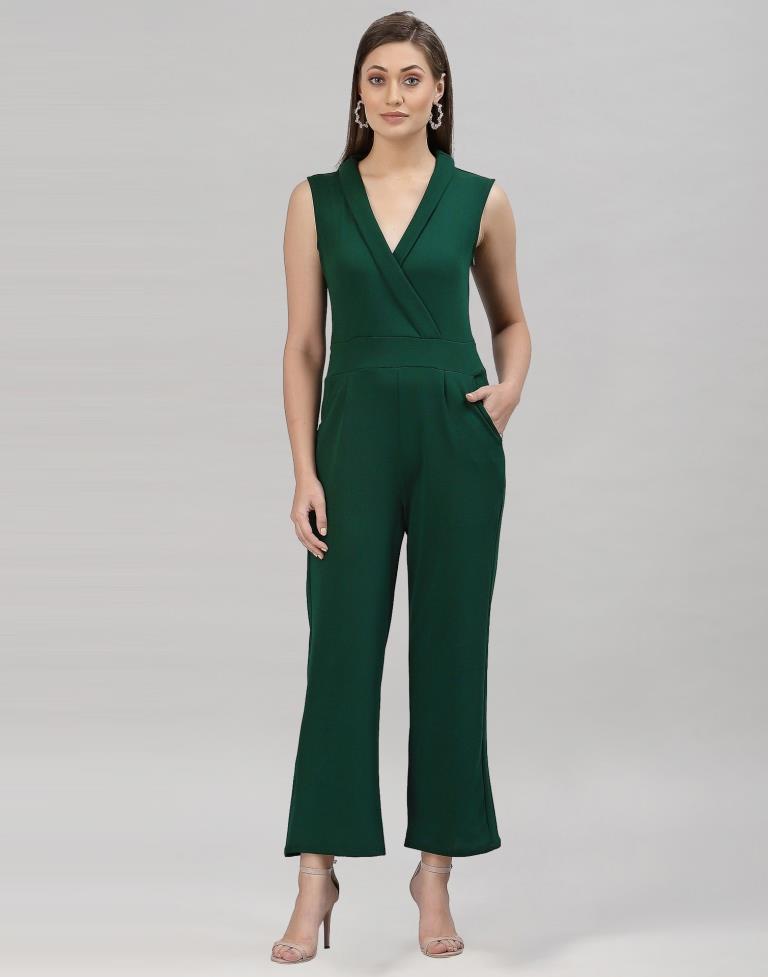 Bottle Green Coloured Lycra Plain Jumpsuit | Sudathi