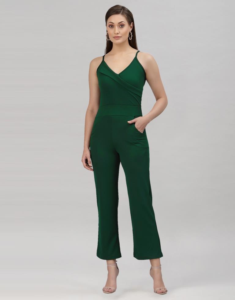 Bottle Green Coloured Lycra Plain Jumpsuit | Leemboodi