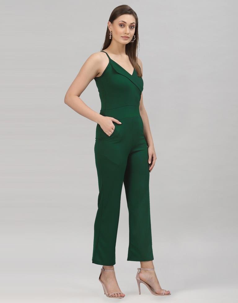 Bottle Green Coloured Lycra Plain Jumpsuit | Leemboodi