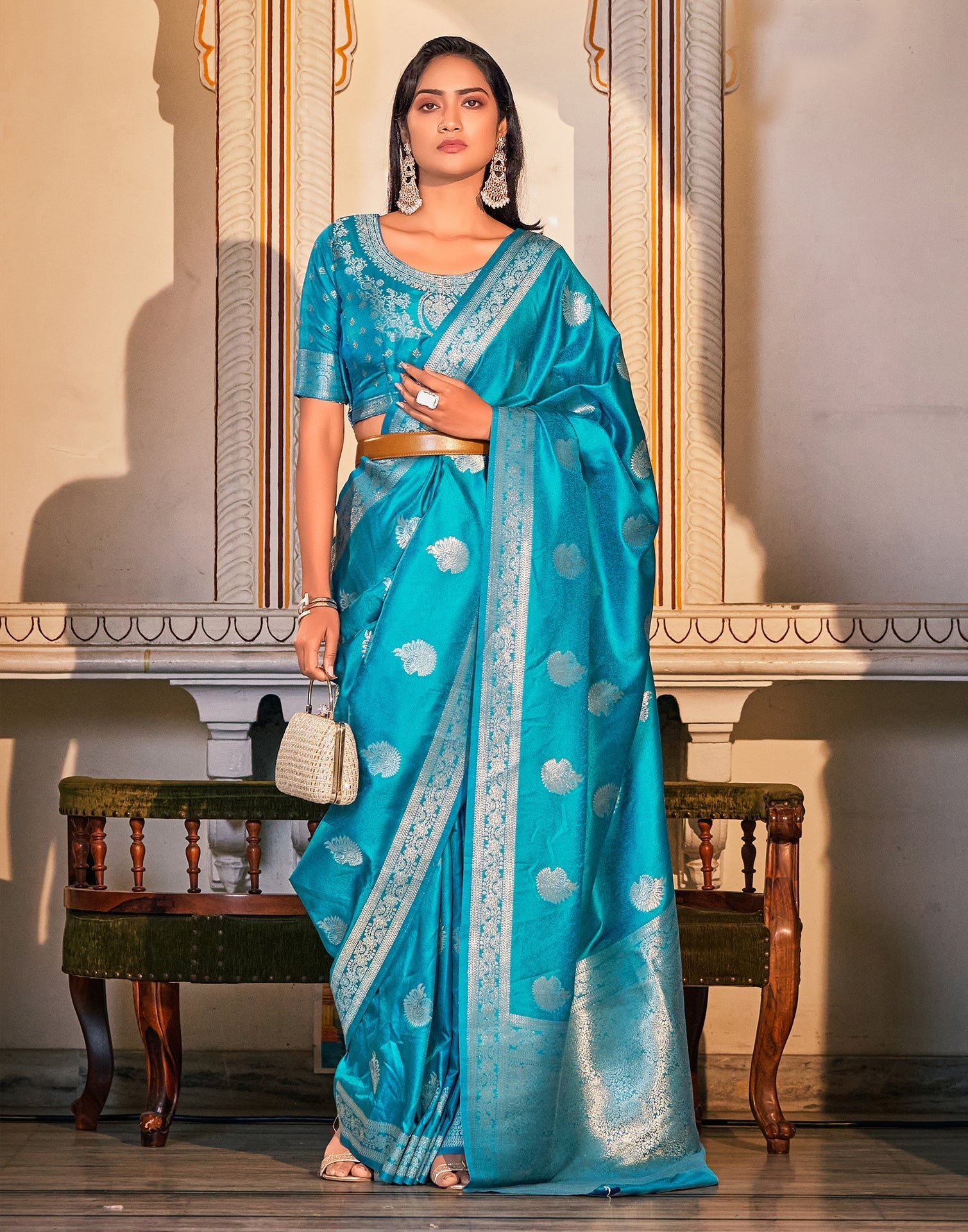 Turquoise Banarasi Silk Saree | Leemboodi