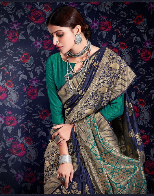 Navy Blue Banarasi Saree | Leemboodi