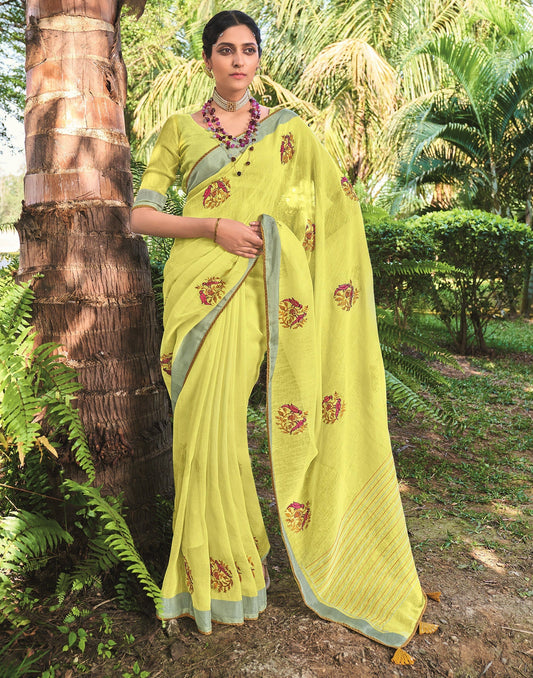 Yellow Cotton Embroidery Saree | Leemboodi