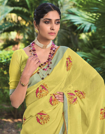 Yellow Cotton Embroidery Saree | Leemboodi