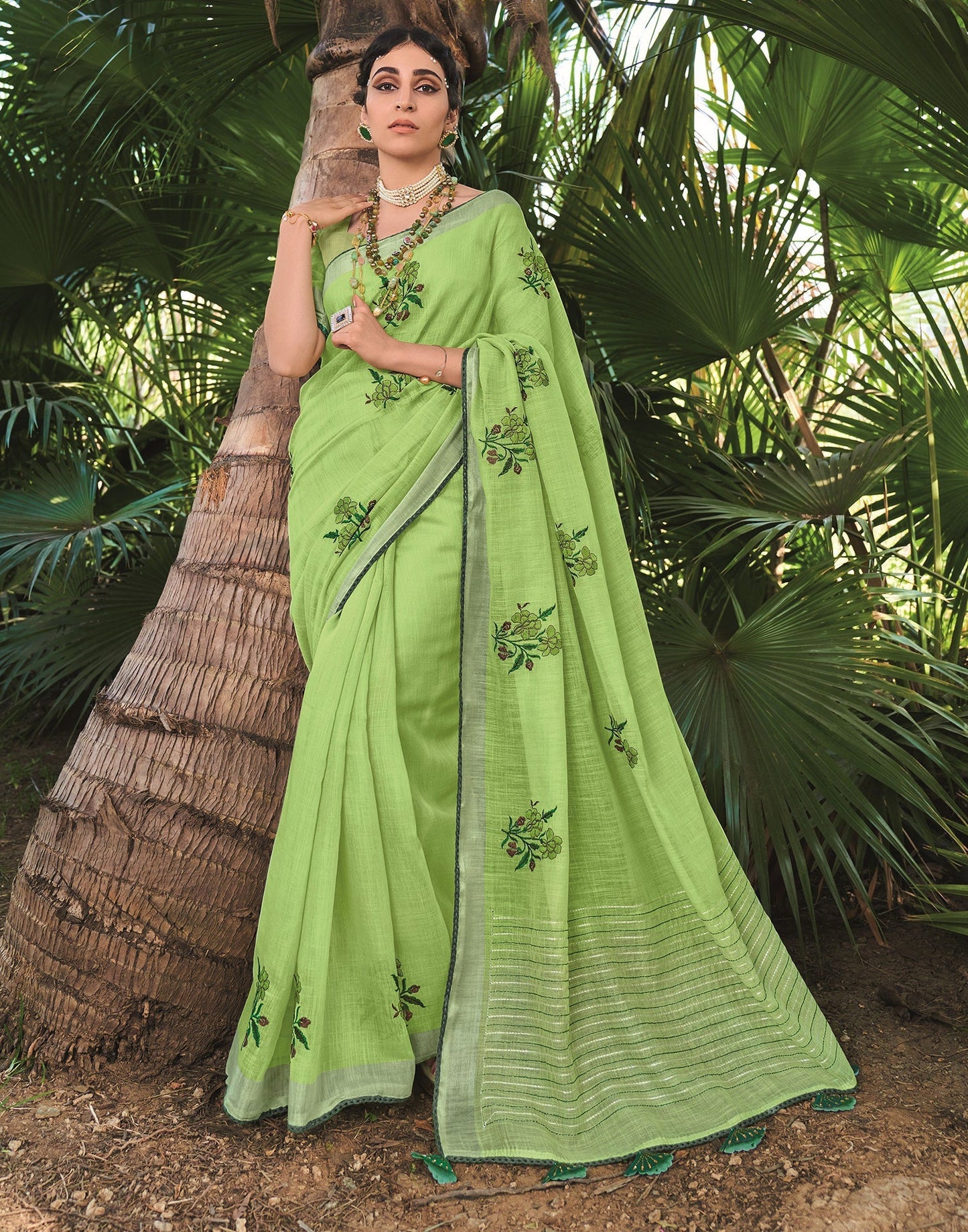 Parrot Green Cotton Embroidery Saree | Leemboodi