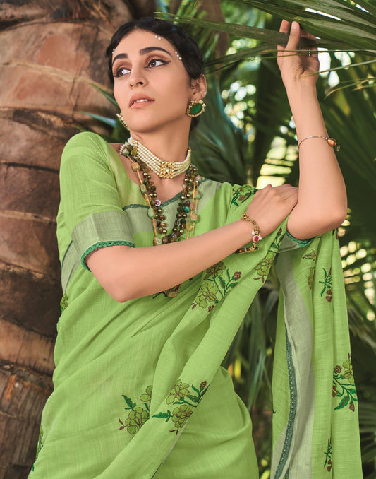Parrot Green Cotton Embroidery Saree | Leemboodi