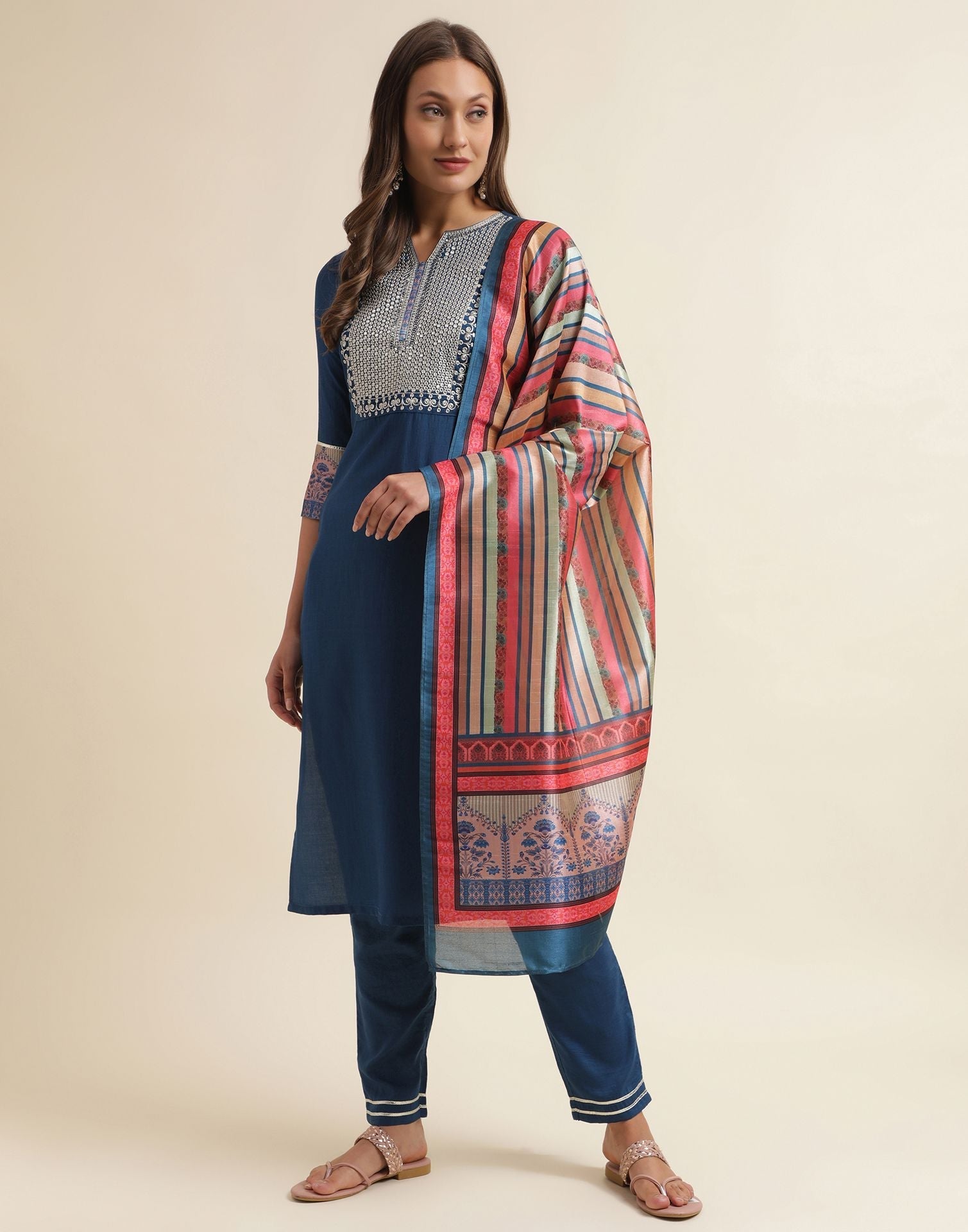 Blue Chinnon Embroidery Straight Kurti With Pant And Dupatta | Sudathi