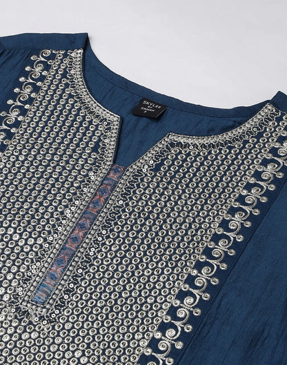 Blue Chinnon Embroidery Straight Kurti With Pant And Dupatta | Sudathi
