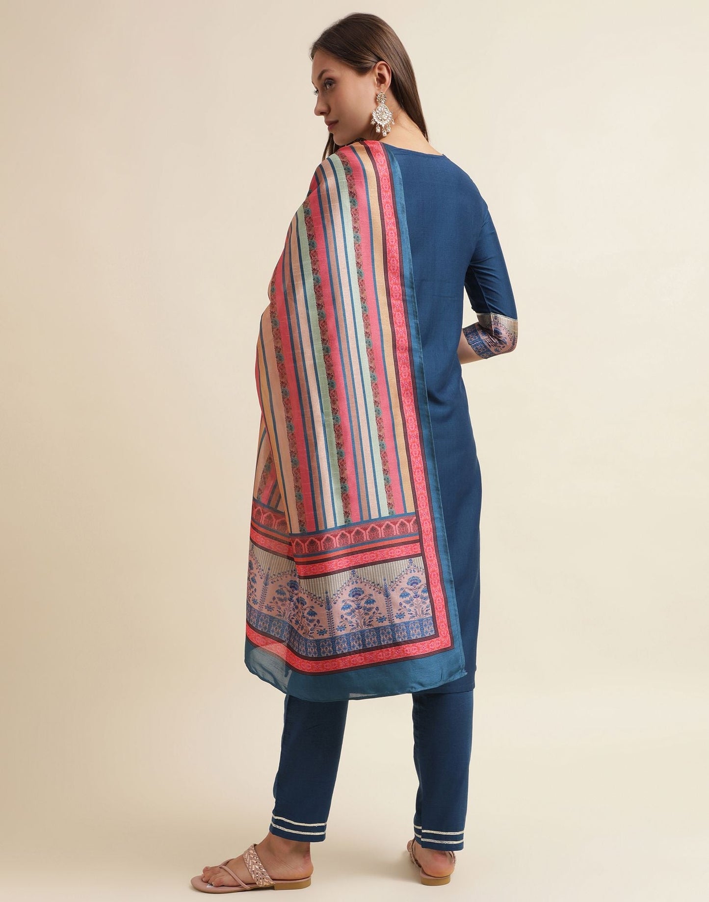 Blue Chinnon Embroidery Straight Kurti With Pant And Dupatta | Sudathi