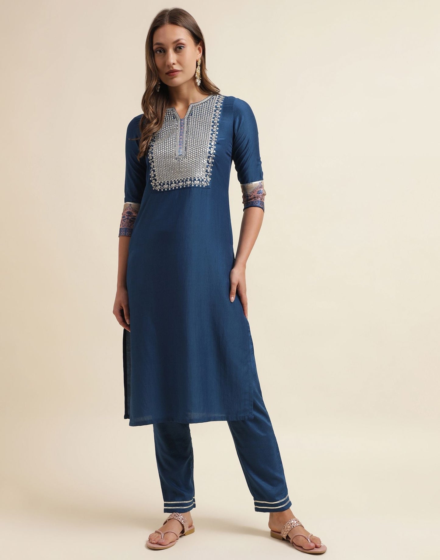 Blue Chinnon Embroidery Straight Kurti With Pant And Dupatta | Sudathi