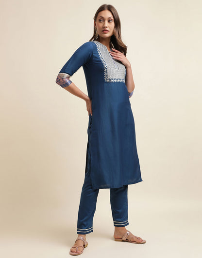 Blue Chinnon Embroidery Straight Kurti With Pant And Dupatta | Sudathi