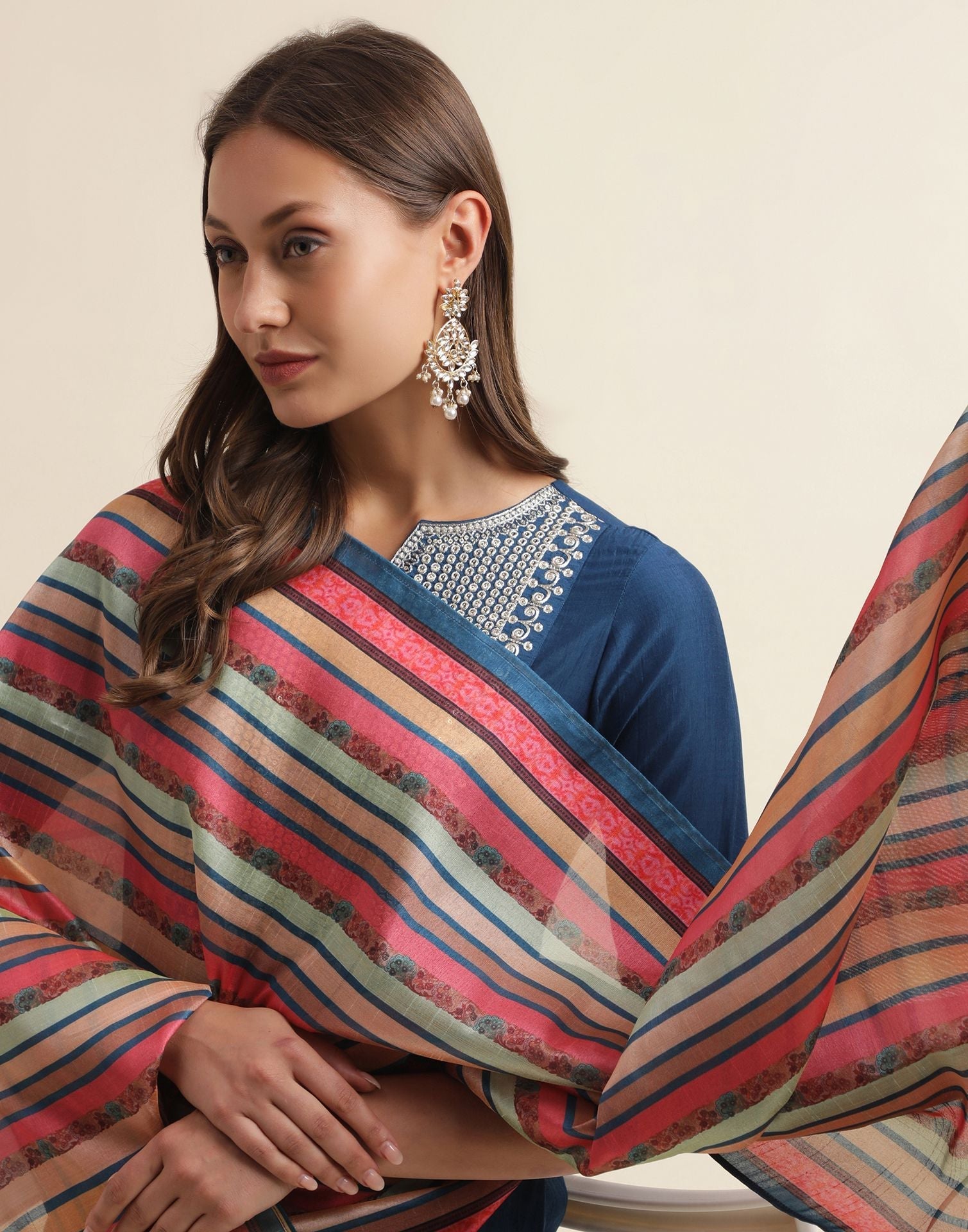 Blue Chinnon Embroidery Straight Kurti With Pant And Dupatta | Sudathi