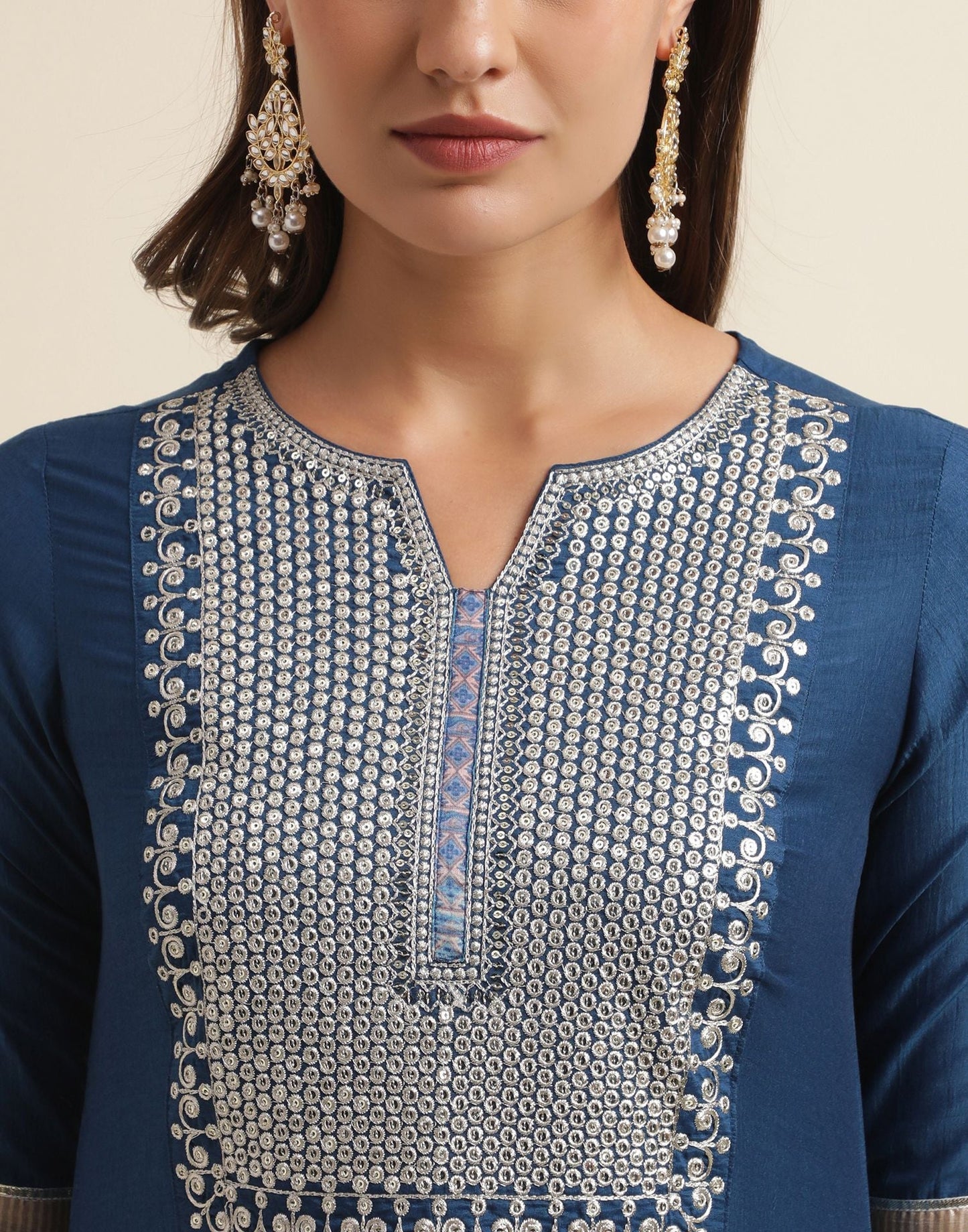 Blue Chinnon Embroidery Straight Kurti With Pant And Dupatta | Sudathi