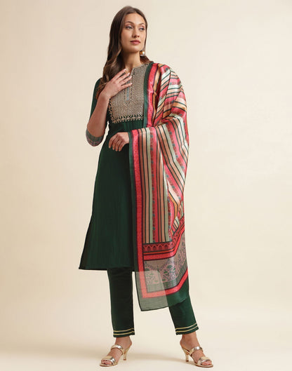 Green Chinnon Embroidery Straight Kurti With Pant And Dupatta | Sudathi