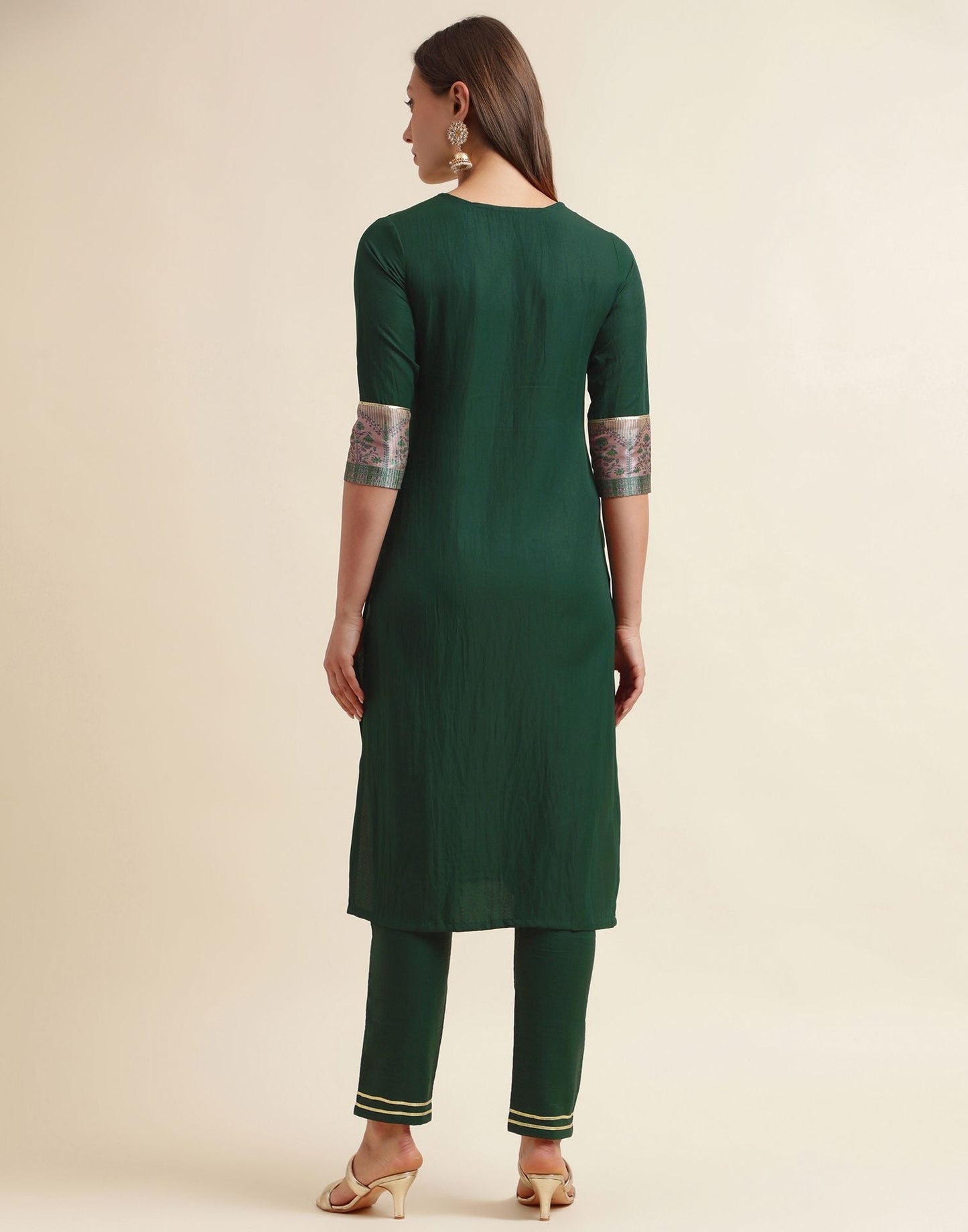 Green Chinnon Embroidery Straight Kurti With Pant And Dupatta | Sudathi