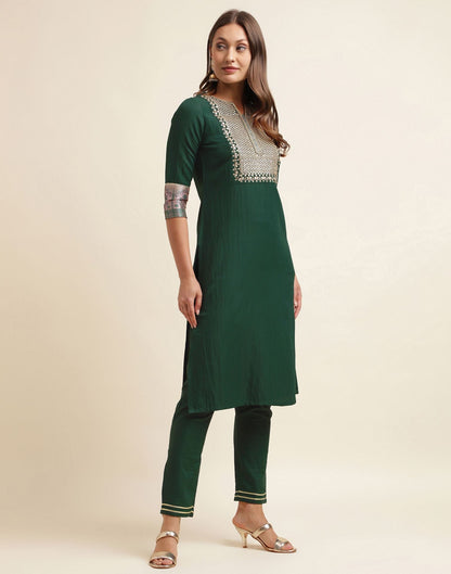 Green Chinnon Embroidery Straight Kurti With Pant And Dupatta | Sudathi