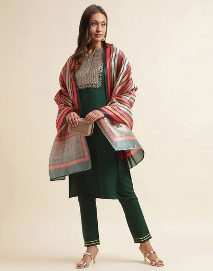 Green Chinnon Embroidery Straight Kurti With Pant And Dupatta | Sudathi