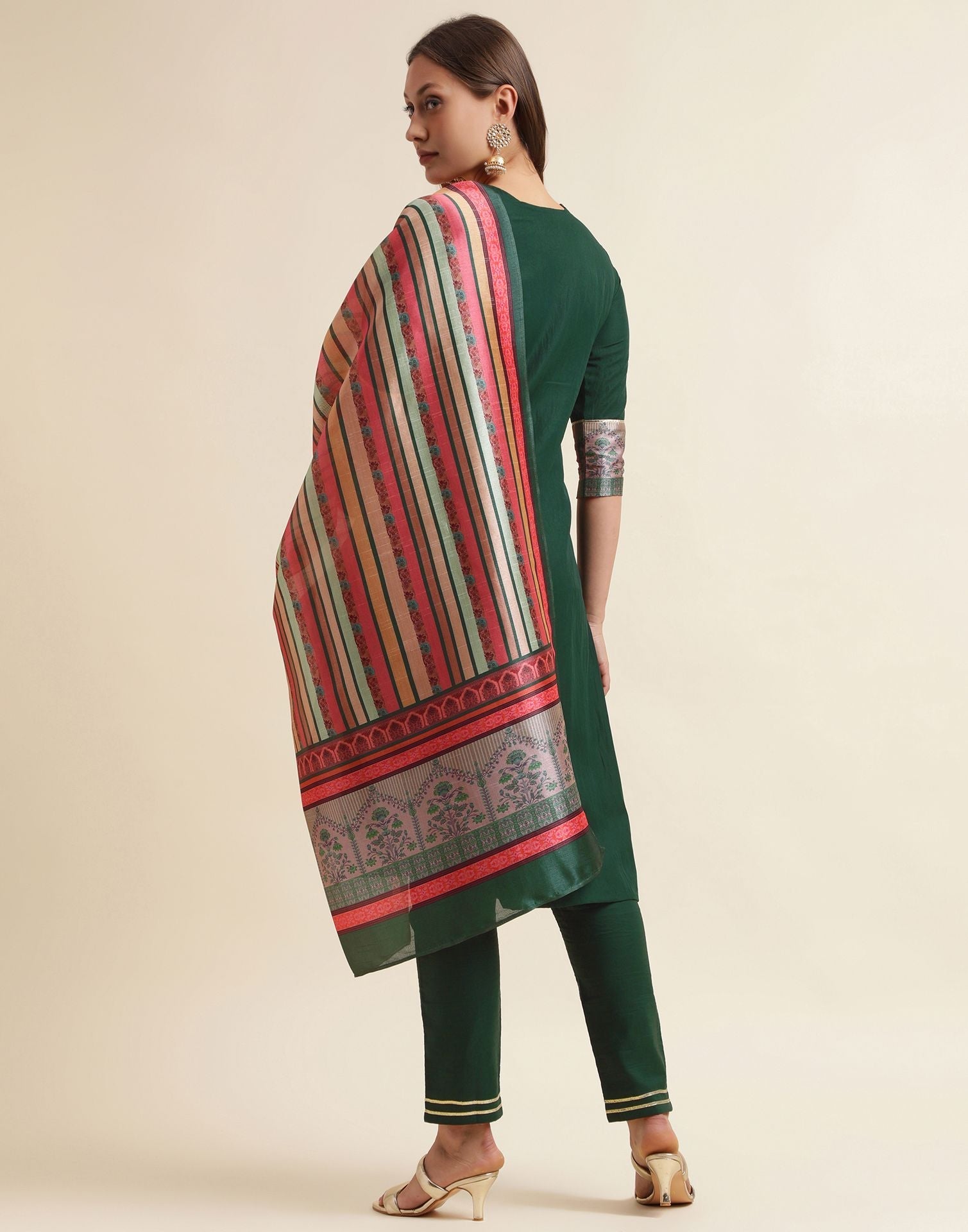 Green Chinnon Embroidery Straight Kurti With Pant And Dupatta | Sudathi