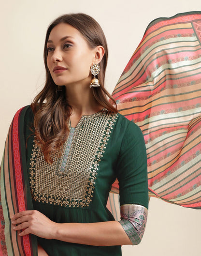 Green Chinnon Embroidery Straight Kurti With Pant And Dupatta | Sudathi