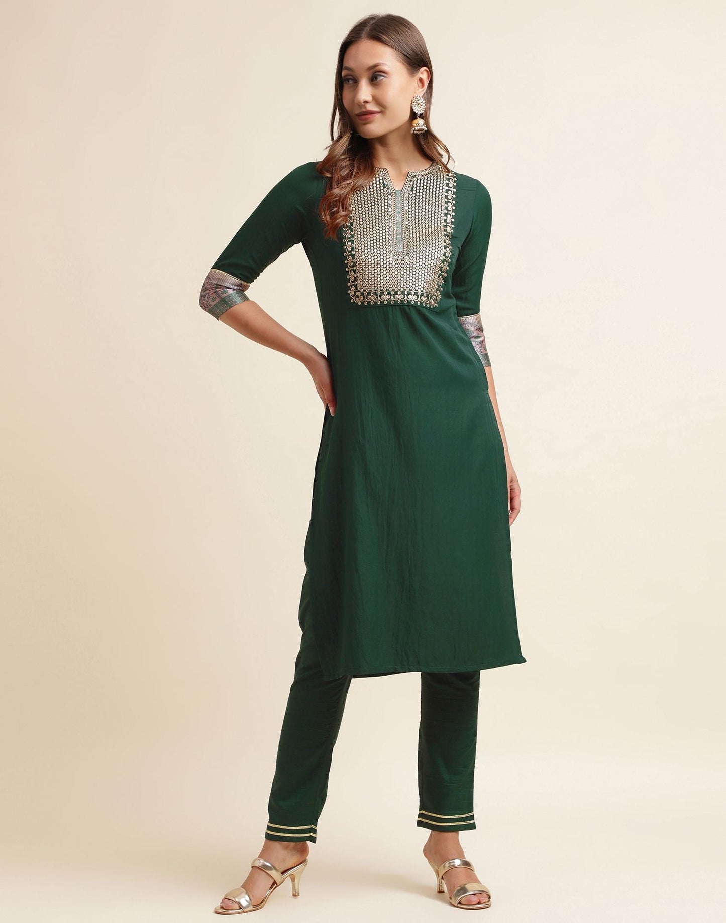 Green Chinnon Embroidery Straight Kurti With Pant And Dupatta | Sudathi