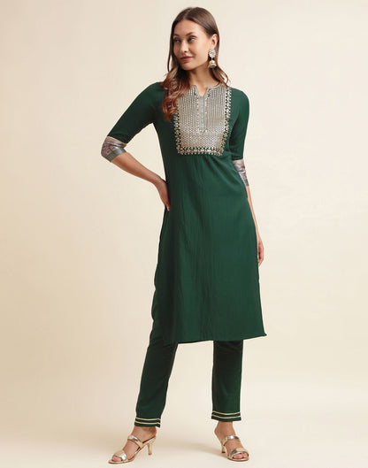 Green Chinnon Embroidery Straight Kurti With Pant And Dupatta | Sudathi