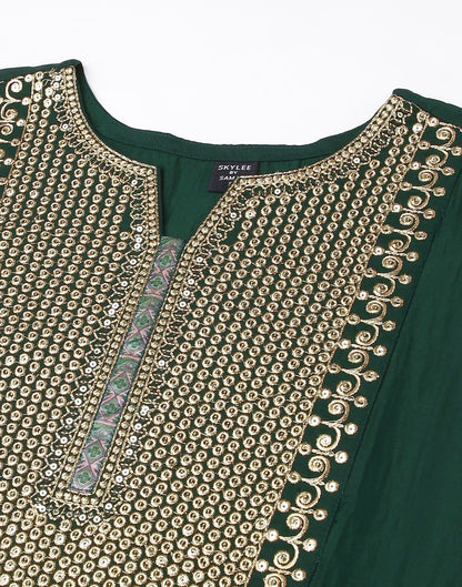 Green Chinnon Embroidery Straight Kurti With Pant And Dupatta | Sudathi