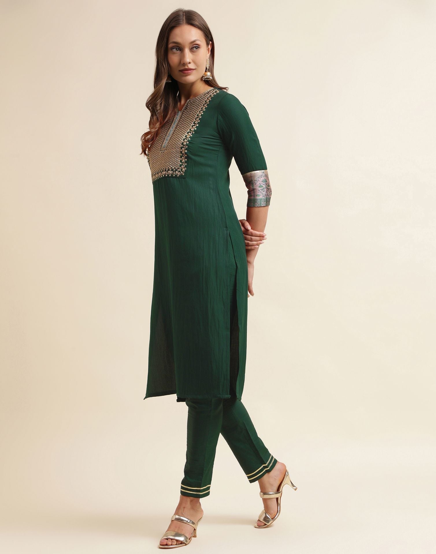 Green Chinnon Embroidery Straight Kurti With Pant And Dupatta | Sudathi