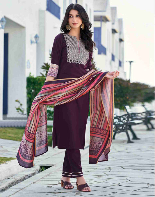 Wine Plain Rayon Straight Kurta With Pant And Dupatta