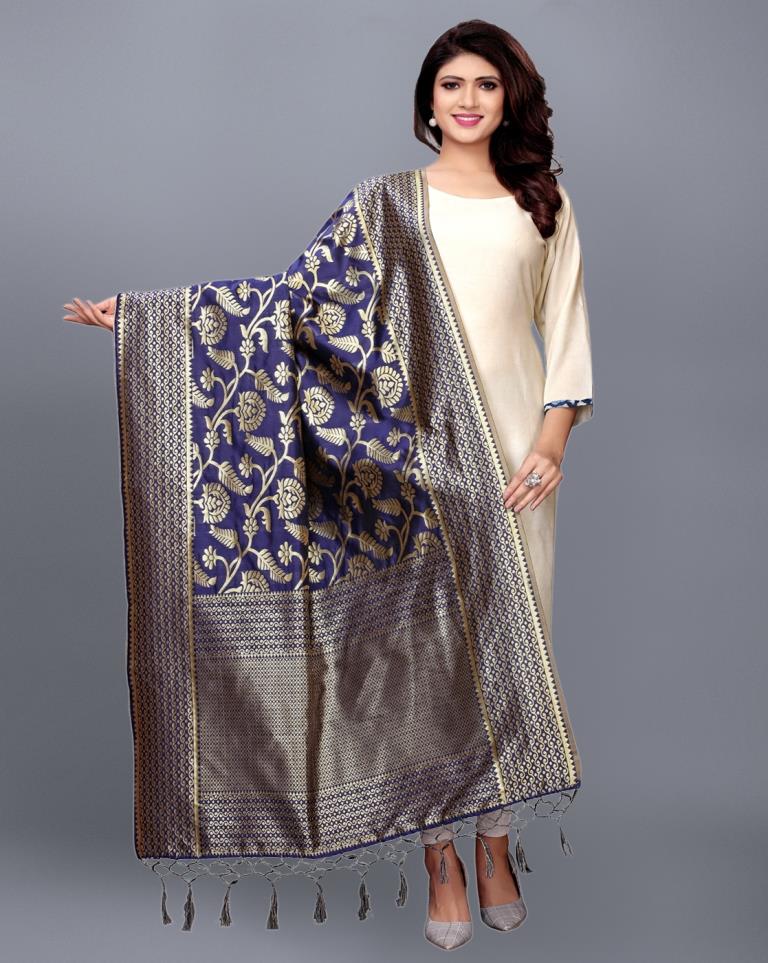 Navy Blue Coloured Poly Silk Jacqaurd Dupatta | Sudathi