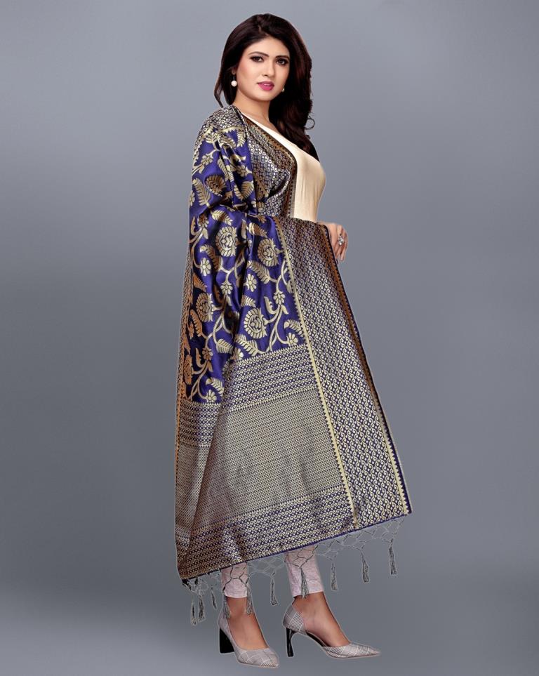 Navy Blue Coloured Poly Silk Jacqaurd Dupatta | Sudathi