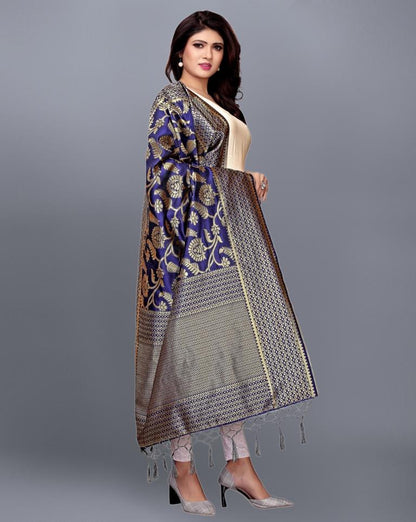 Navy Blue Coloured Poly Silk Jacqaurd Dupatta | Sudathi