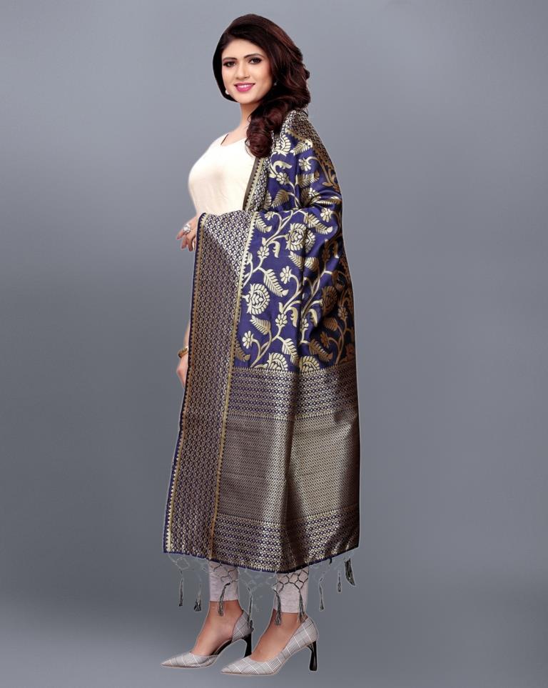 Navy Blue Coloured Poly Silk Jacqaurd Dupatta | Sudathi