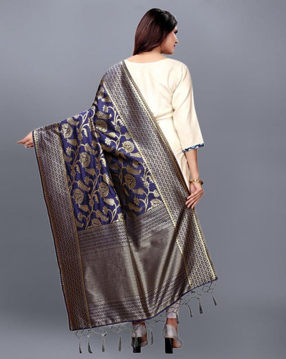 Navy Blue Coloured Poly Silk Jacqaurd Dupatta | Sudathi