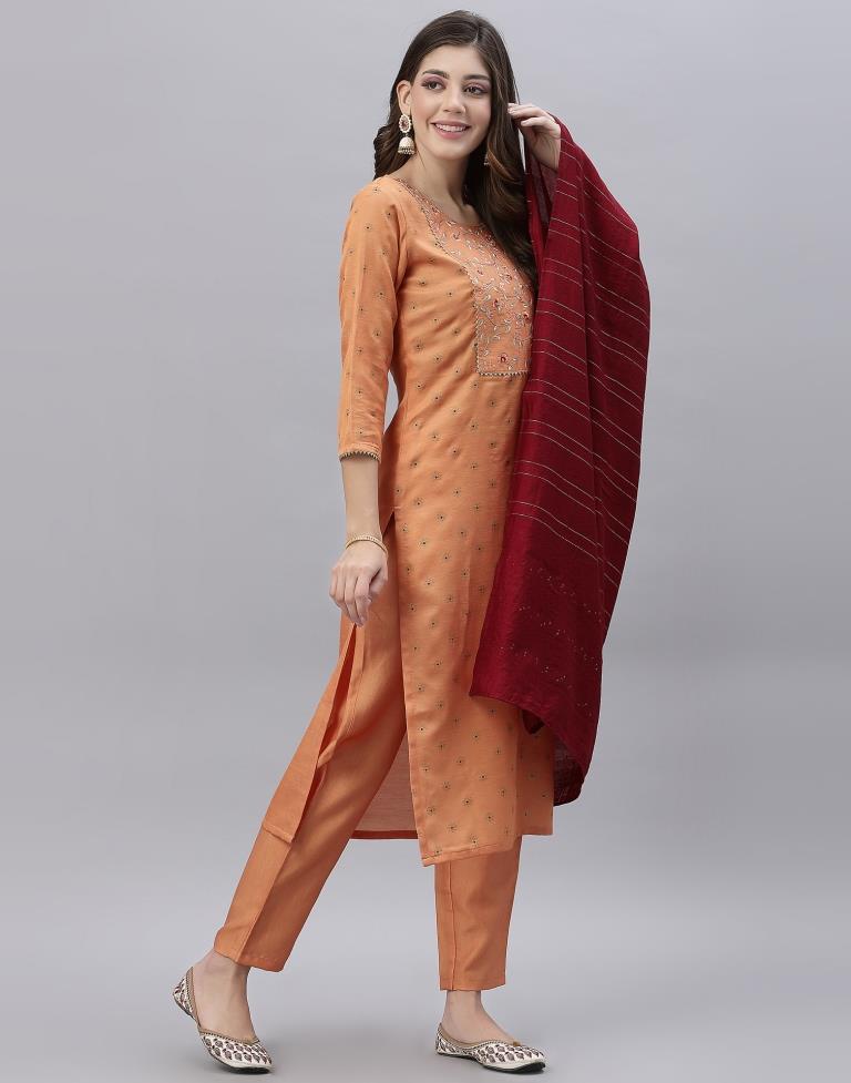 Pastel Orange Kurti With Pant And Dupatta | Leemboodi