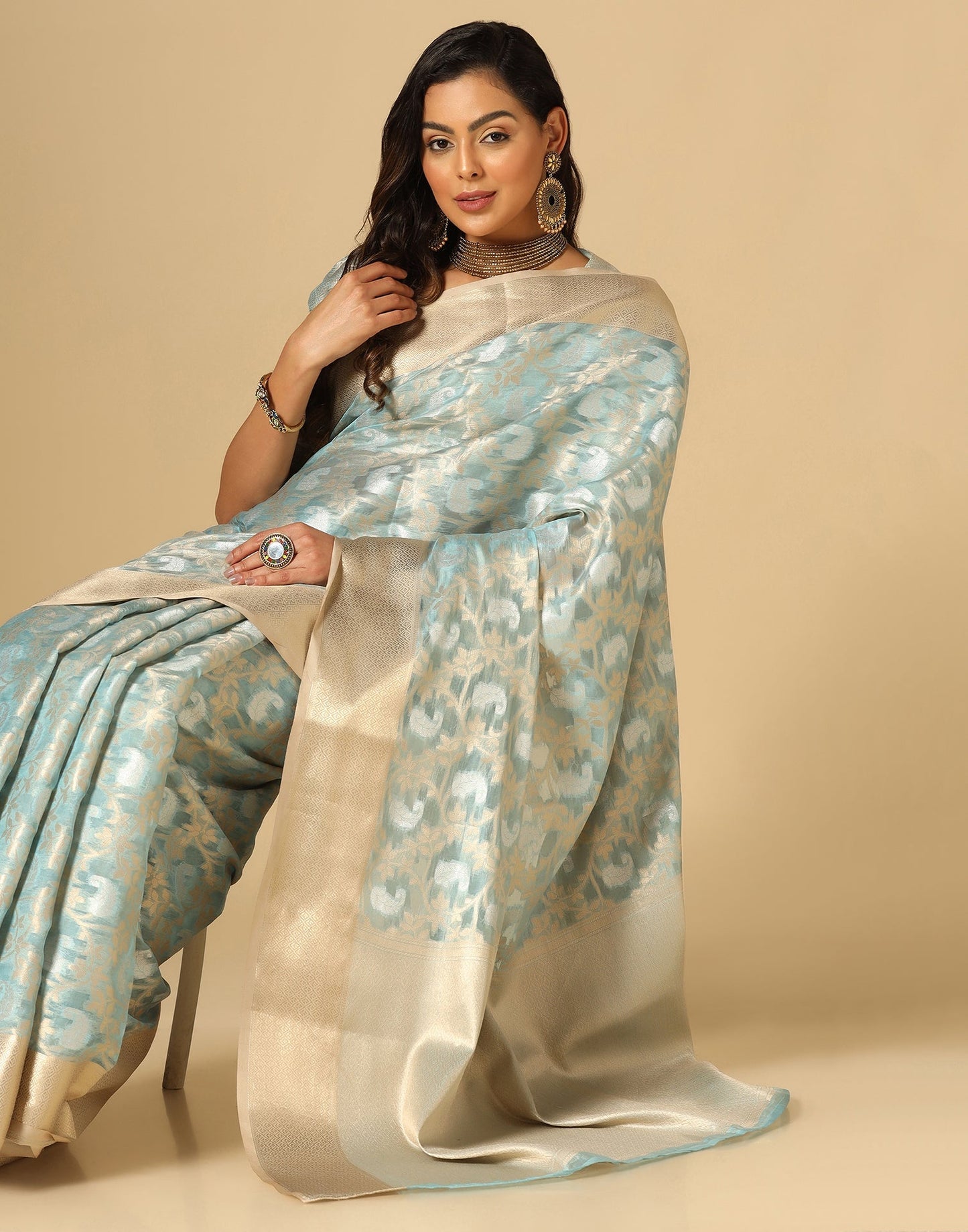 Light Blue Silk Jacquard Saree | Leemboodi