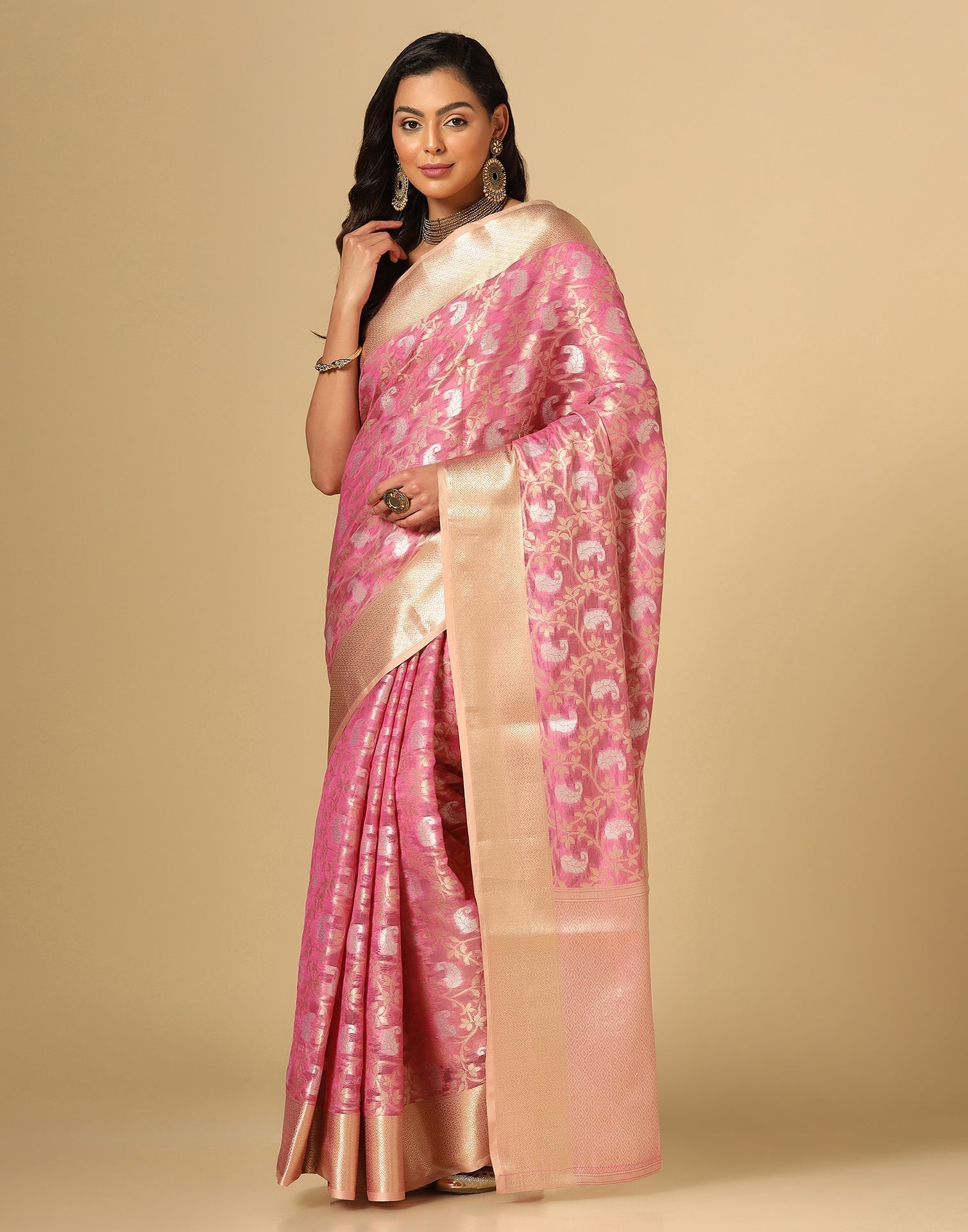 Light Pink & Gold Silk Jacquard Saree | Leemboodi