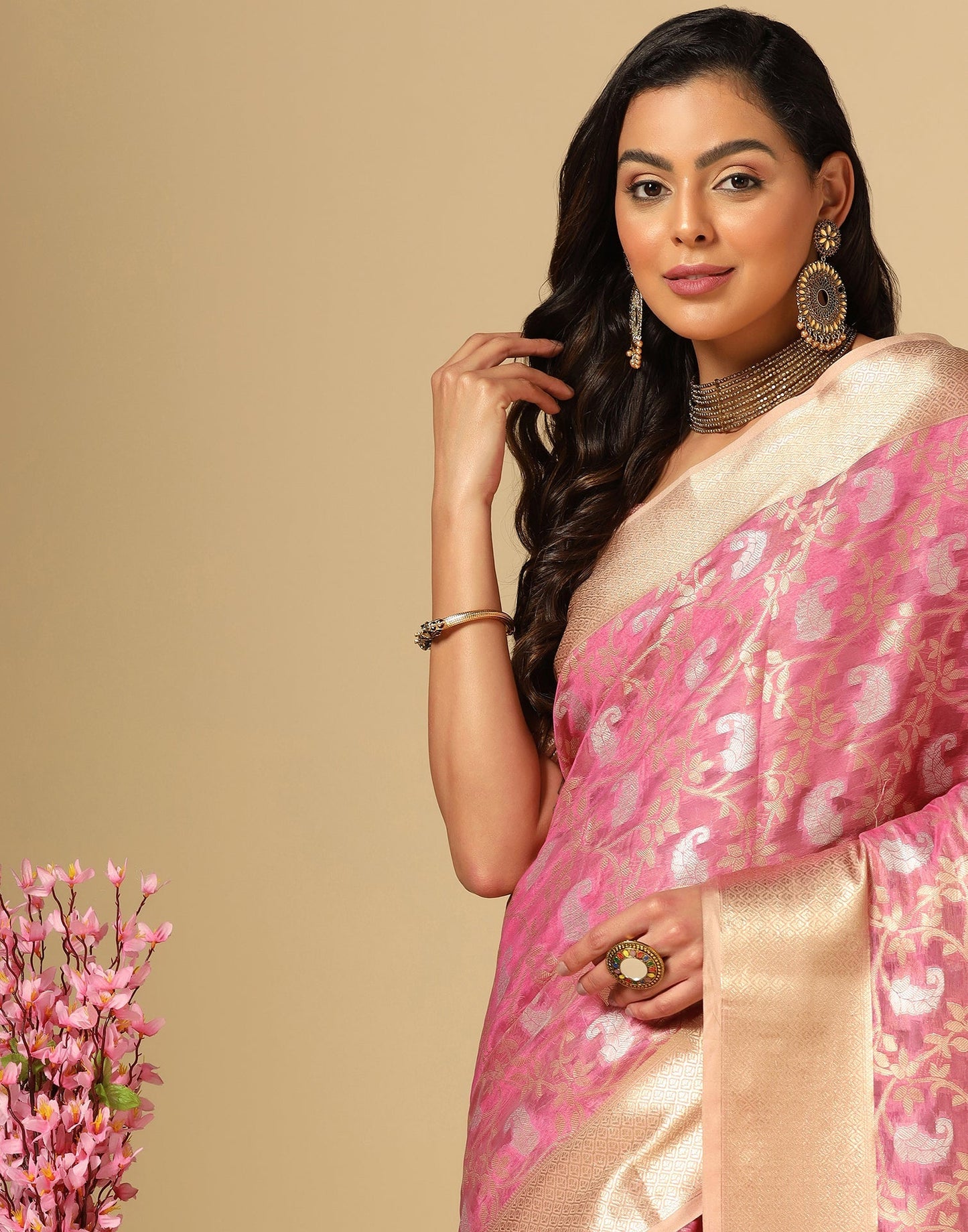 Light Pink & Gold Silk Jacquard Saree | Leemboodi