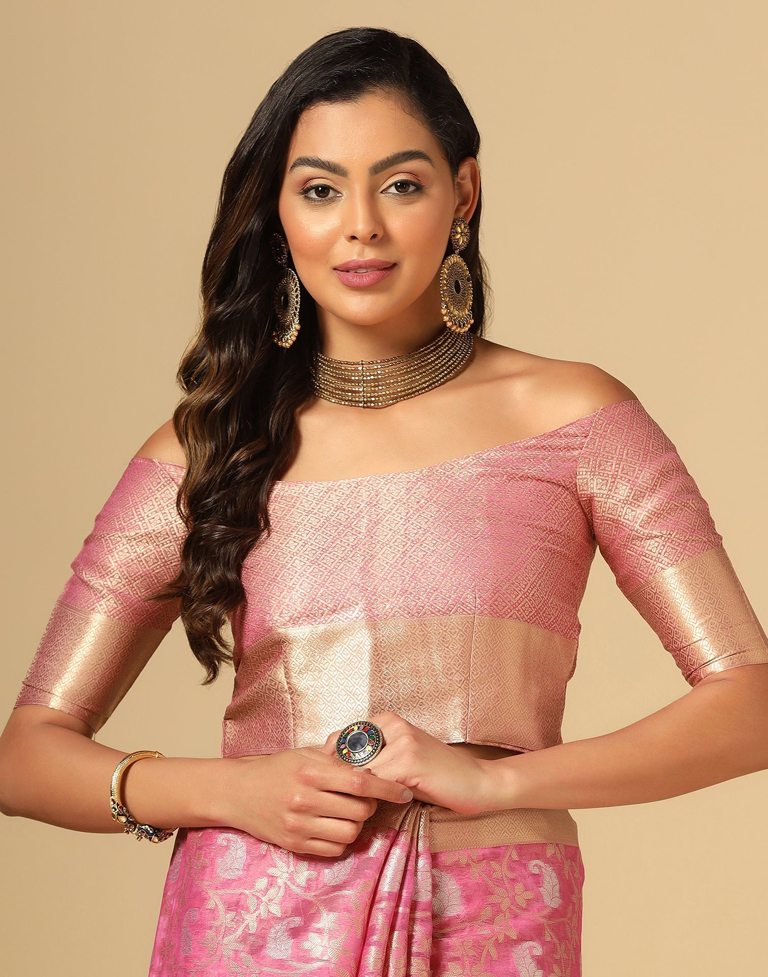 Light Pink & Gold Silk Jacquard Saree | Leemboodi