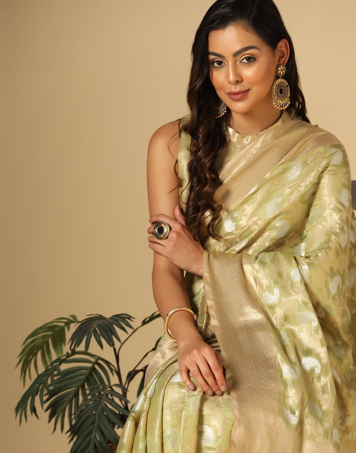 Light Green & Gold Silk Jacquard Saree | Leemboodi