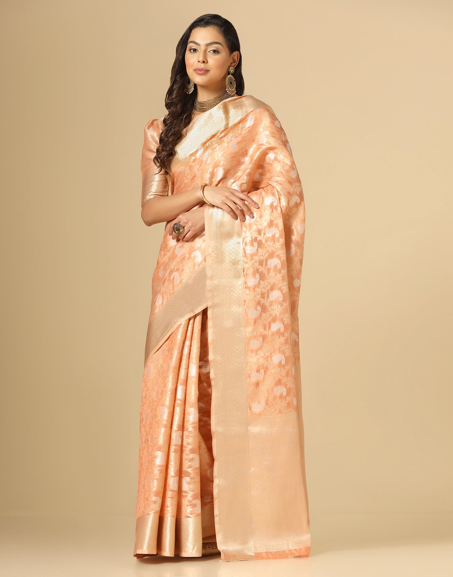 Peach & Gold Silk Jacquard Saree | Leemboodi