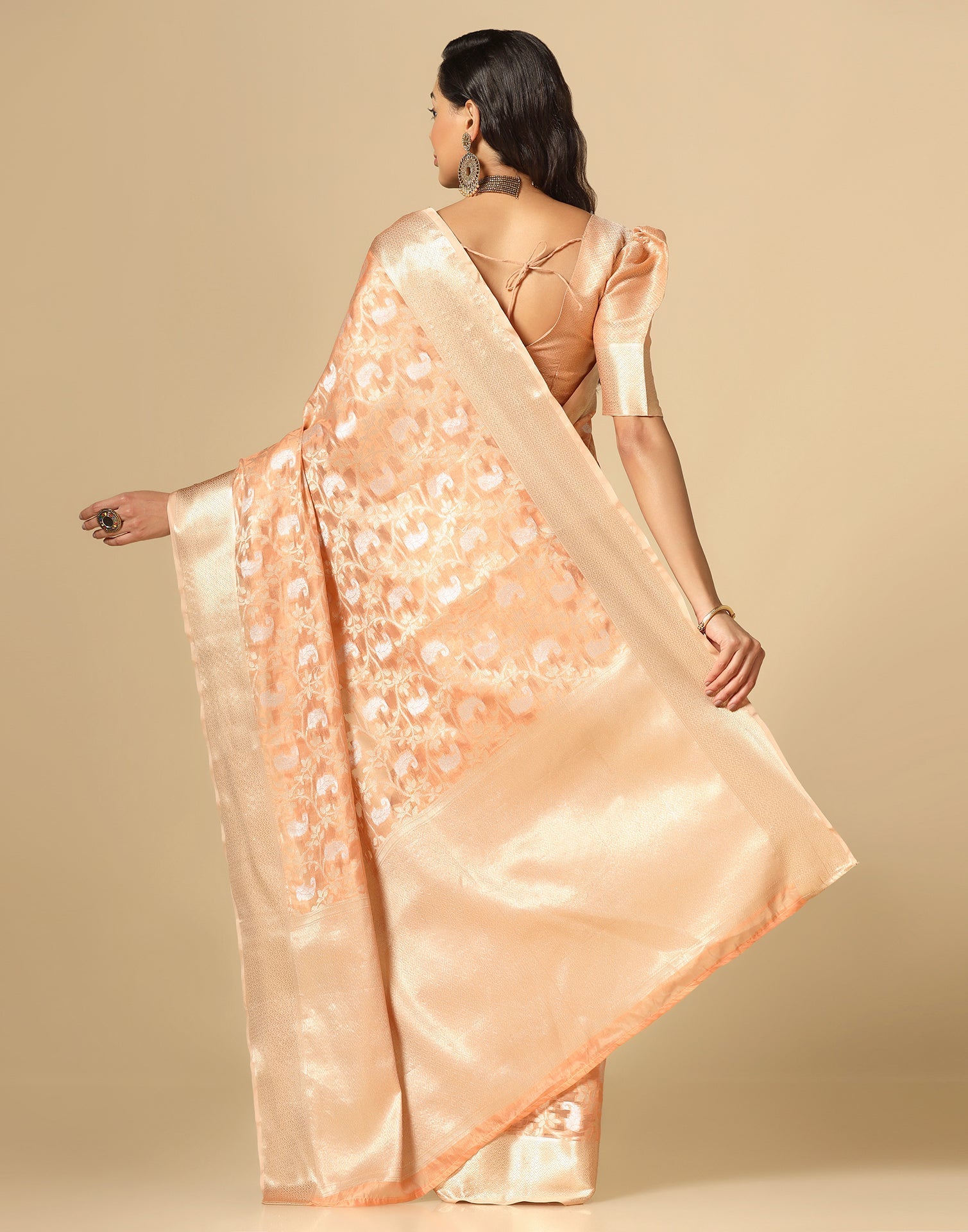 Peach & Gold Silk Jacquard Saree | Leemboodi