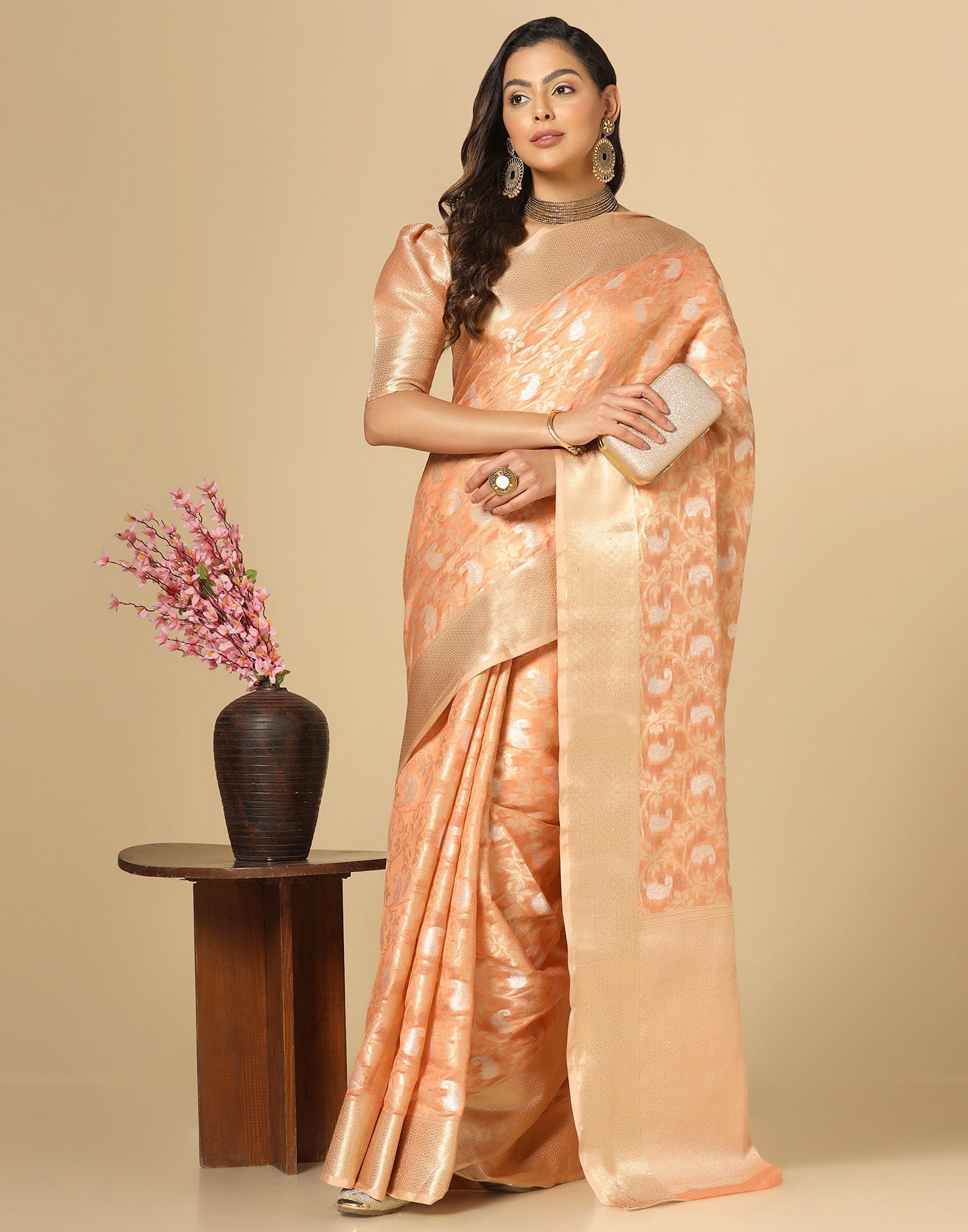 Peach & Gold Silk Jacquard Saree | Leemboodi