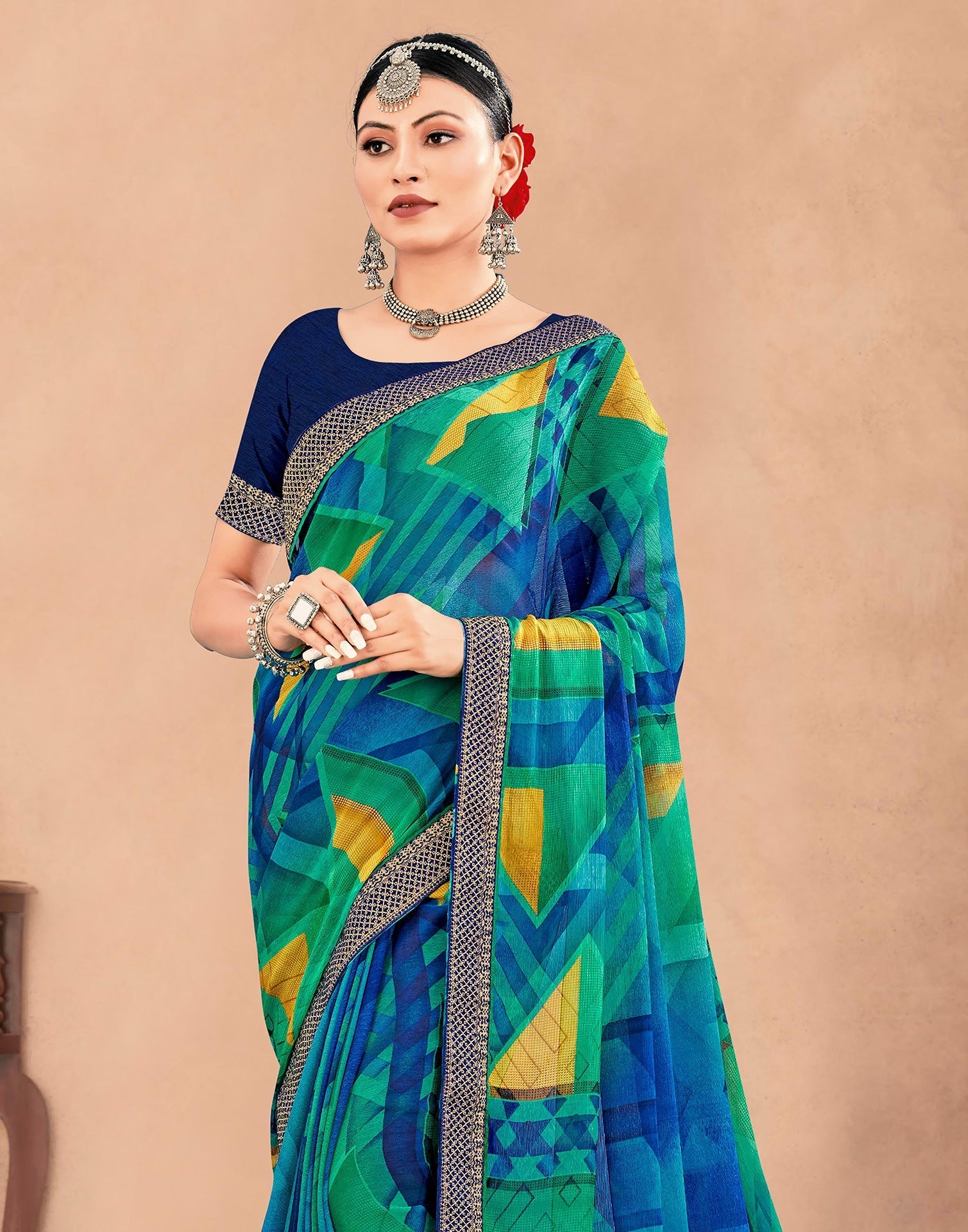 Blue & Multicoloured Chiffon Printed Saree | Sudathi