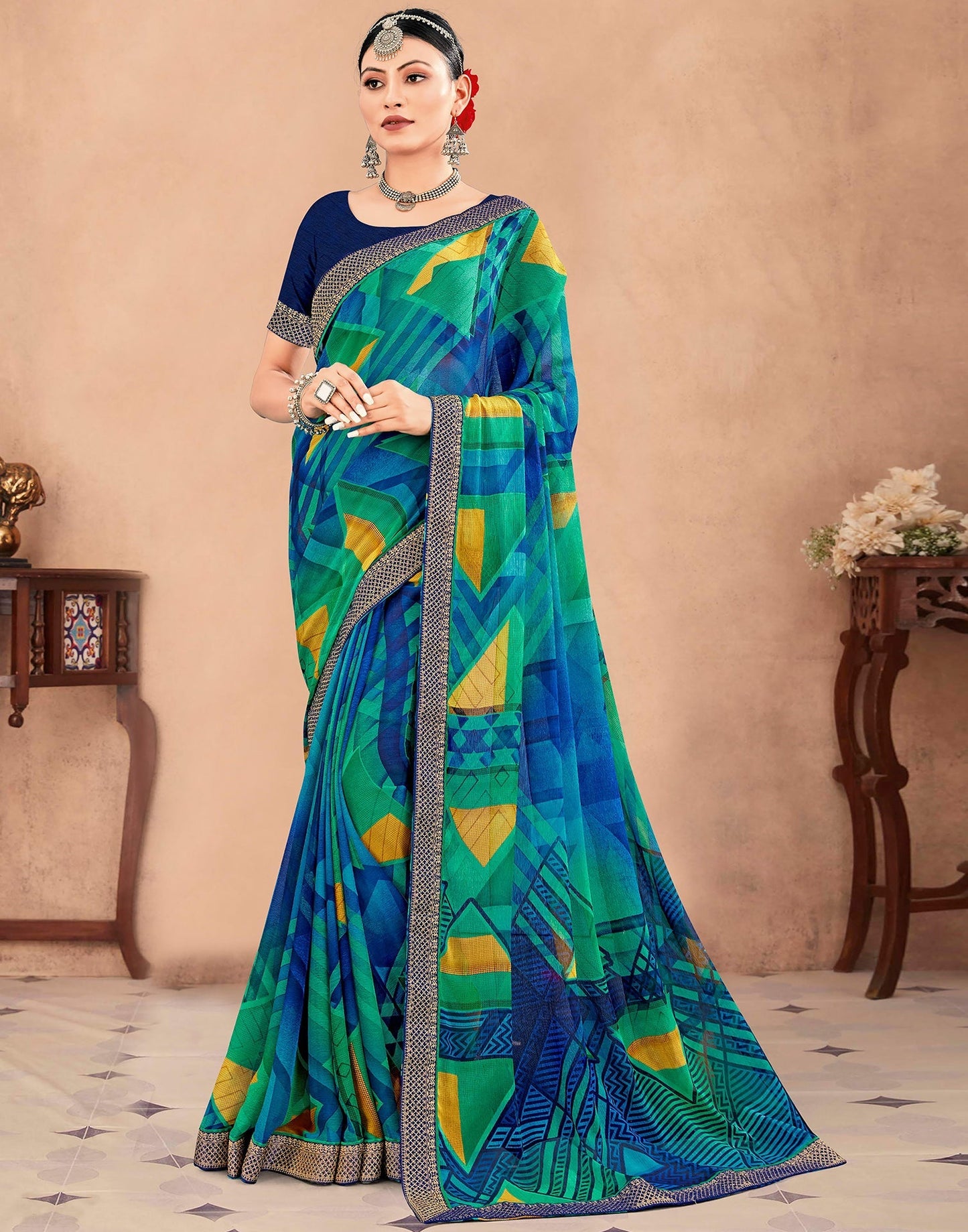 Blue & Multicoloured Chiffon Printed Saree | Sudathi