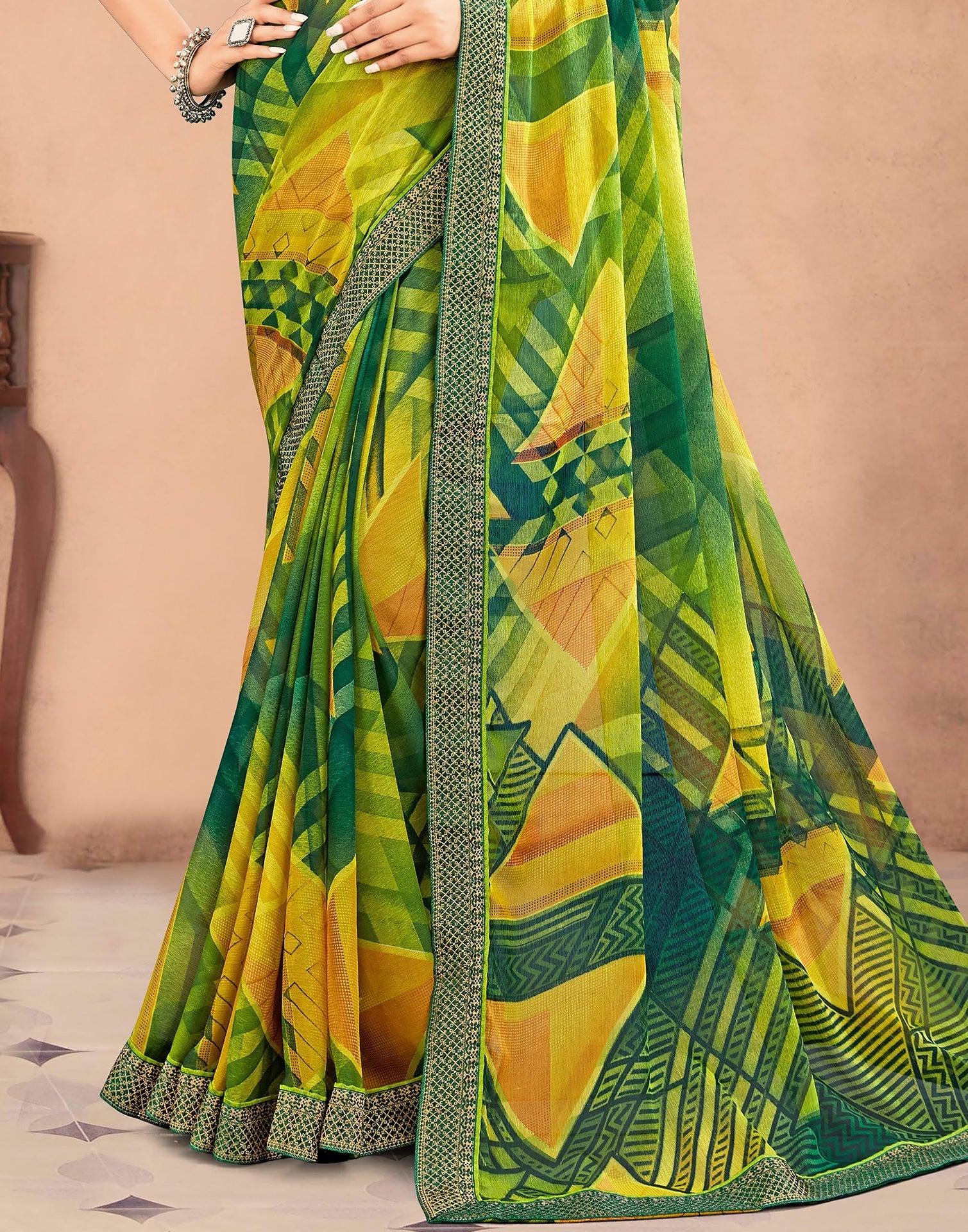 Green Chiffon Printed Saree | Sudathi