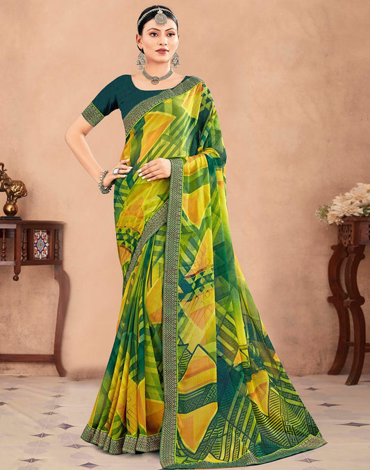 Green Chiffon Printed Saree | Sudathi