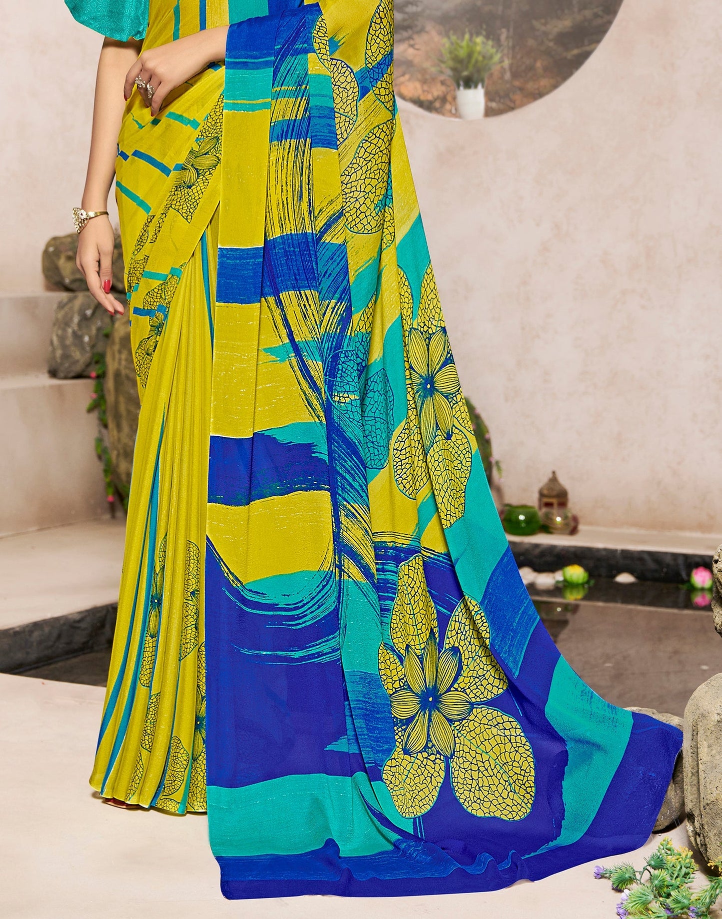 Lime Green Georgette Printed Saree | Sudathi