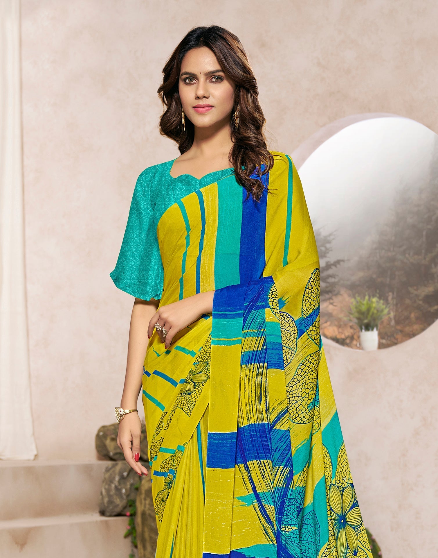 Lime Green Georgette Printed Saree | Sudathi